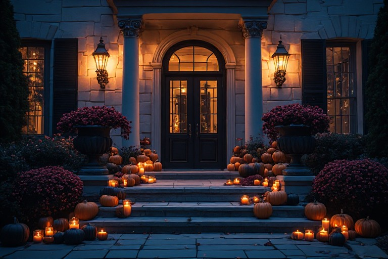 Symmetrical arched entrance with warm amber lanterns and oxblood urn flowers at blue hour