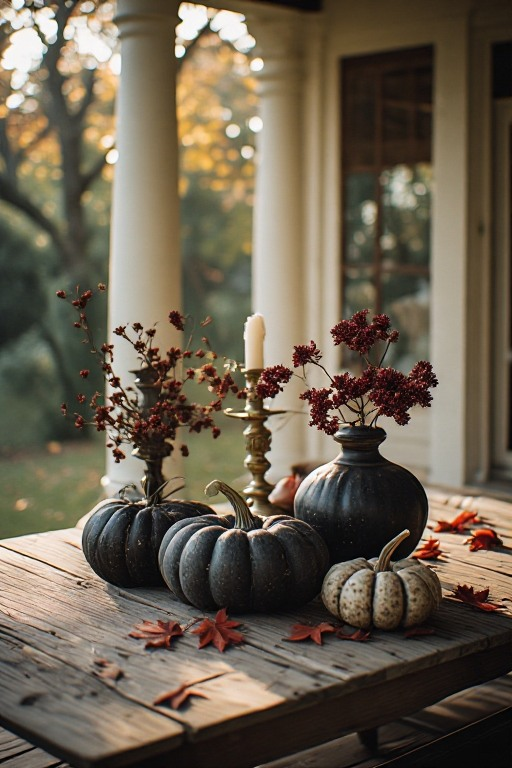 Classical porch columns with deep burgundy autumn flowers in dark stone vases