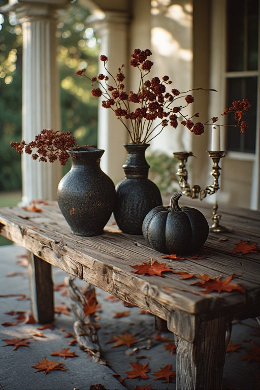 Small black vases and dark autumn botanical branches arranged in a warm architectural still life