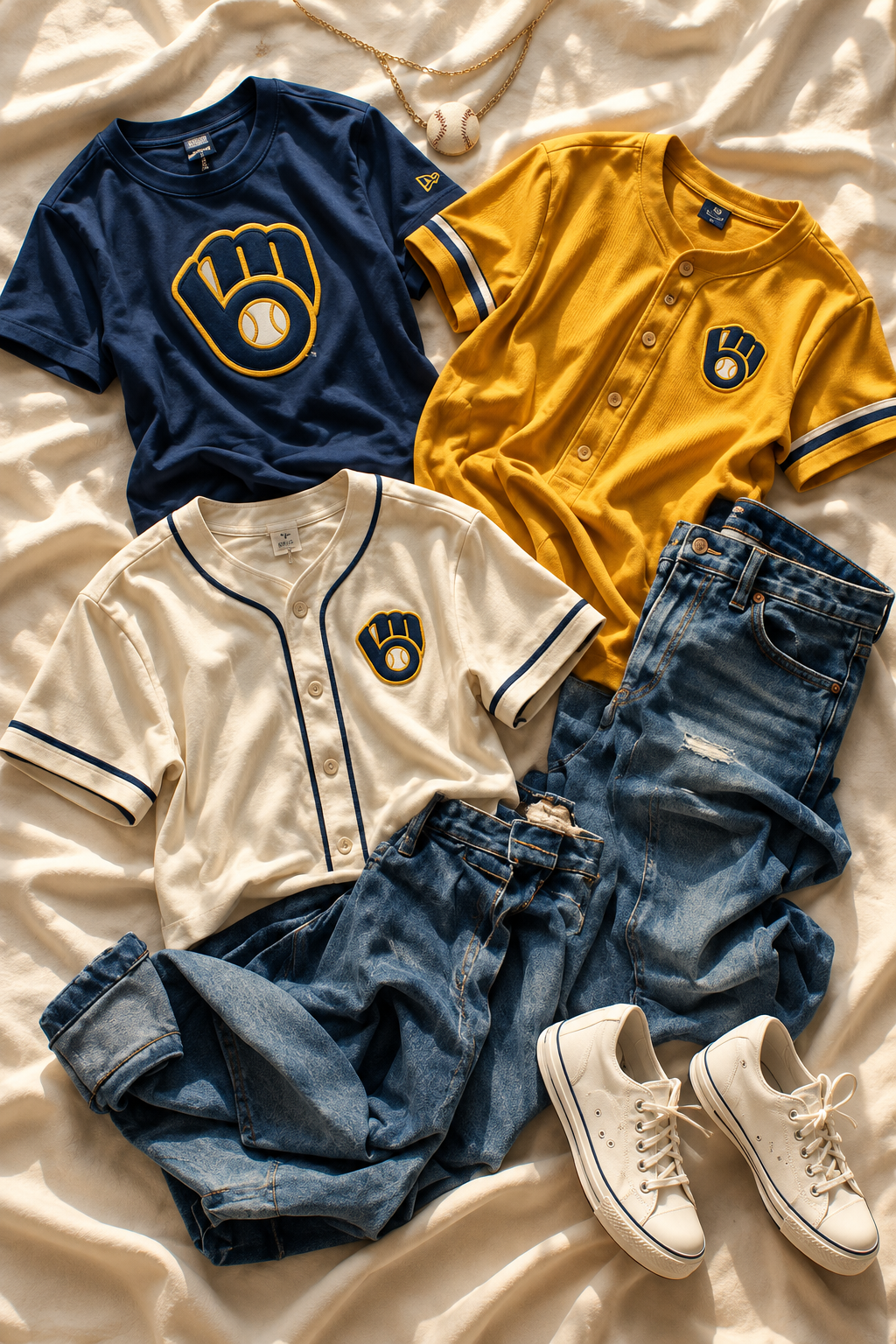Navy, gold and cream baseball-inspired casual shirts arranged with denim and white sneakers