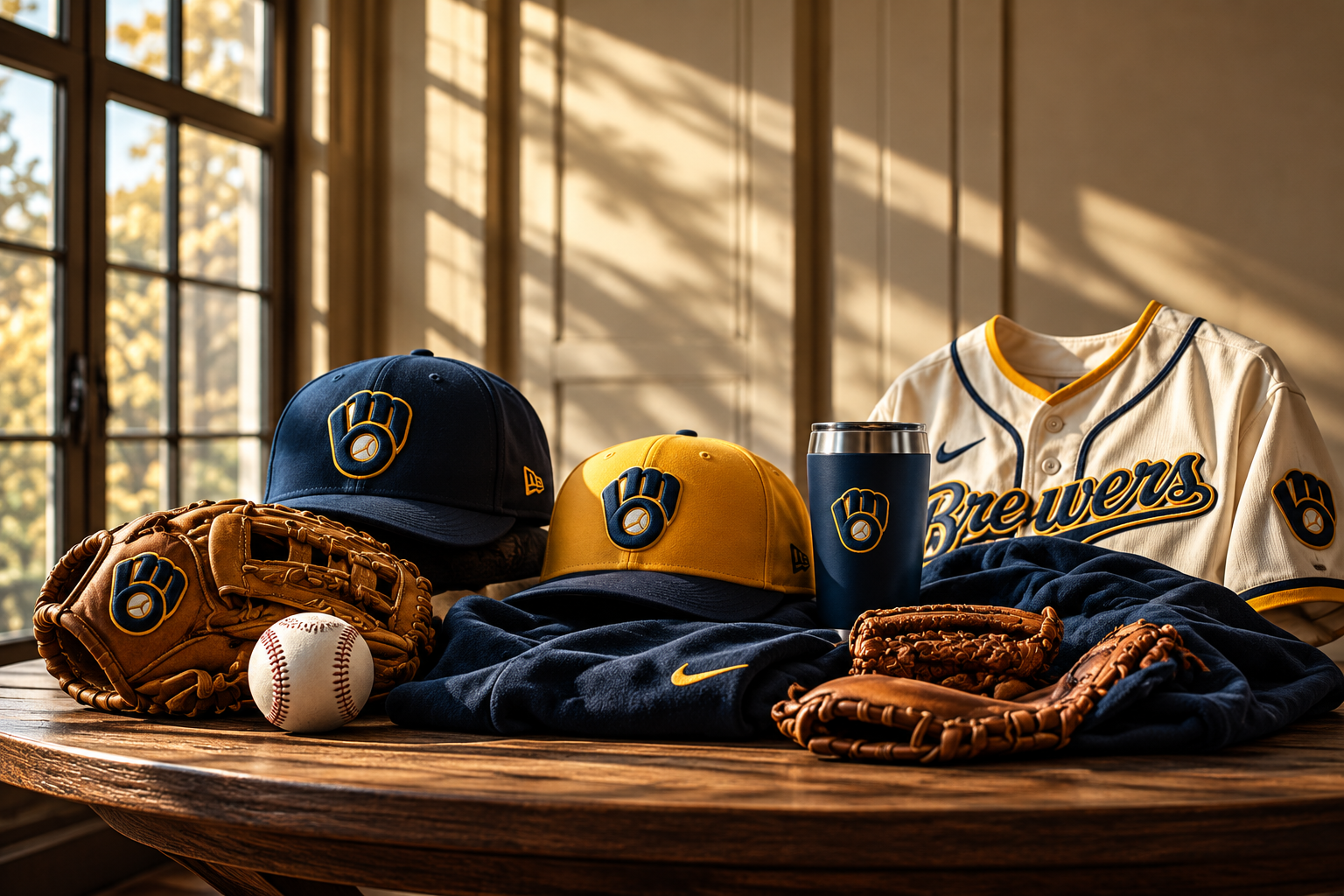 Warmly lit Milwaukee baseball fan collection with Brewers-inspired caps, cream jersey, navy tumbler and leather baseball gloves on a wooden table