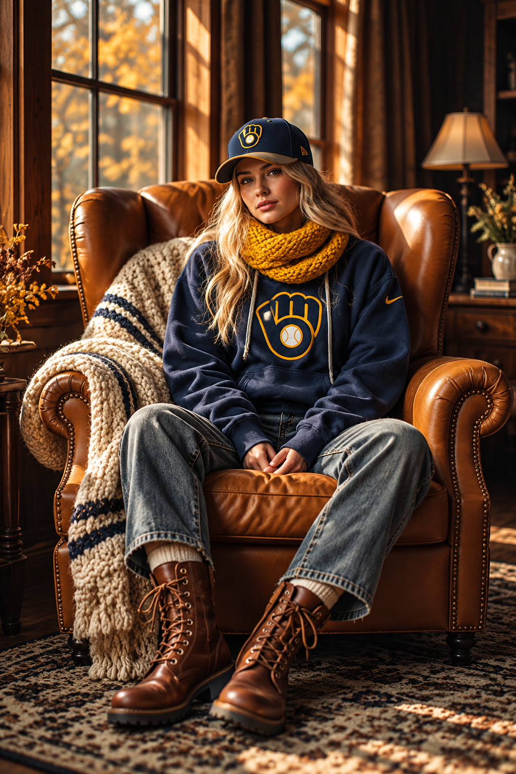 Fan in navy Brewers hoodie and cap with a golden scarf relaxing in a warm leather chair