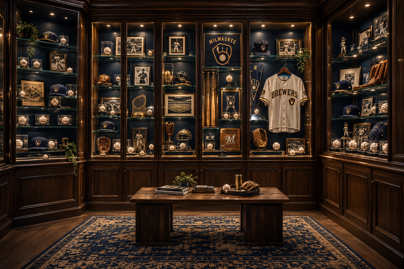 Warm walnut baseball memorabilia room with glass display cases, uniforms, and caps