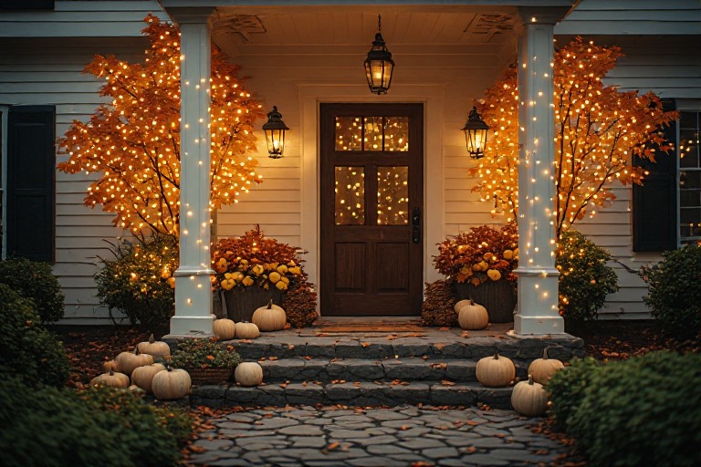 A warmly illuminated front porch with two pre-lit fall trees flanking the doorway