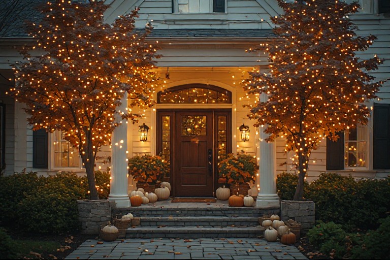 Elegant front door beneath glowing warm autumn maple branches and seasonal lighting