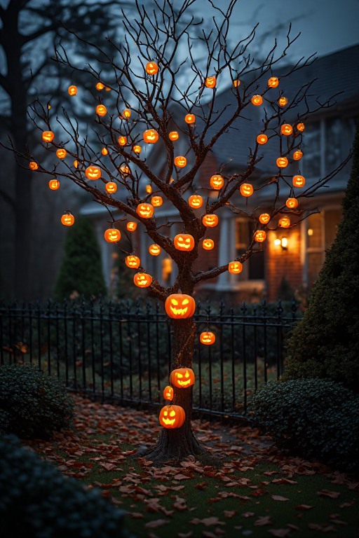 Warm glowing Halloween pumpkin lights suspended among bare tree branches