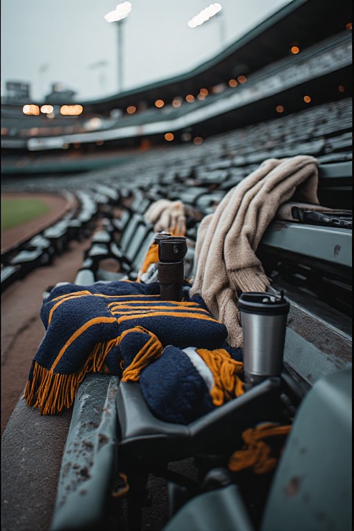 Padded stadium seating, a warm blanket and travel accessories arranged beside a baseball field