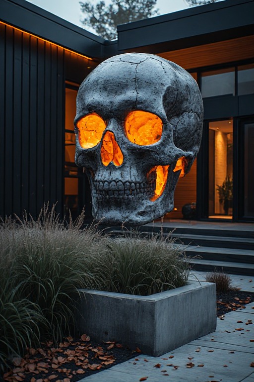 Close-up of a weathered oversized illuminated skull Halloween decoration
