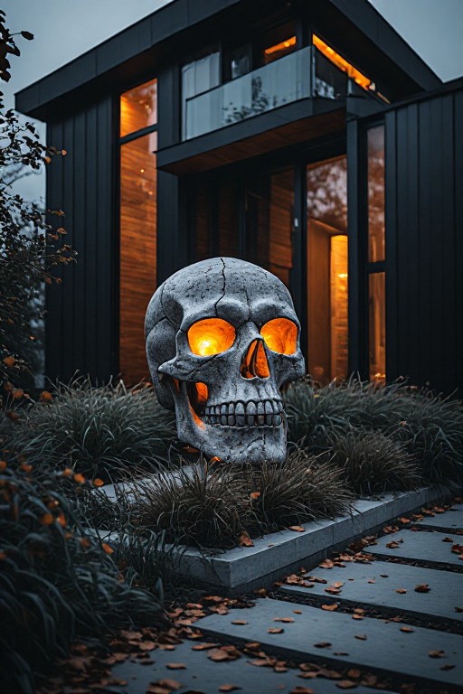 Large illuminated Halloween skull sculpture displayed on a dark stone surface