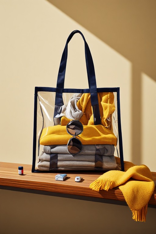 Clear stadium tote with navy and gold game-day accessories