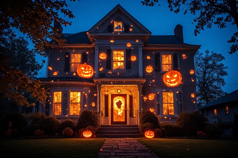 Large home illuminated with multiple glowing jack-o'-lantern displays
