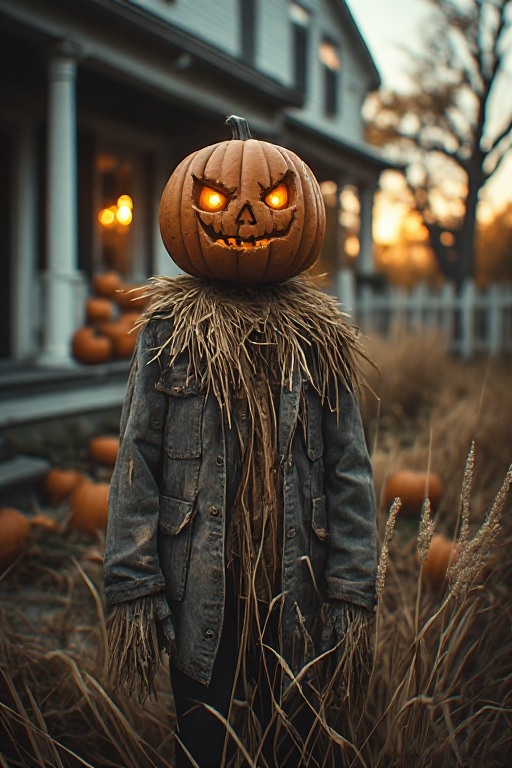 Jack-o'-lantern-headed scarecrow among pumpkins and autumn grasses