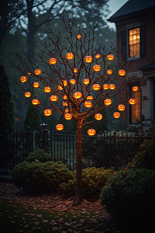 Tall illuminated Halloween tree with glowing jack-o'-lantern ornaments outside a home