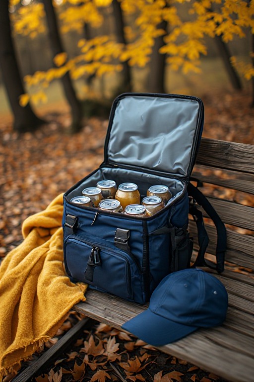 Insulated cooler backpack filled with drinks in an autumn setting
