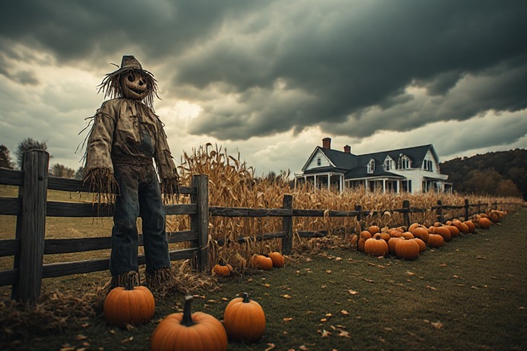Large eerie scarecrow standing by a fence under a dramatic autumn sky