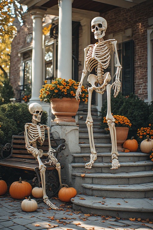 Tall decorative skeleton standing beside a classic front porch dressed with autumn flowers