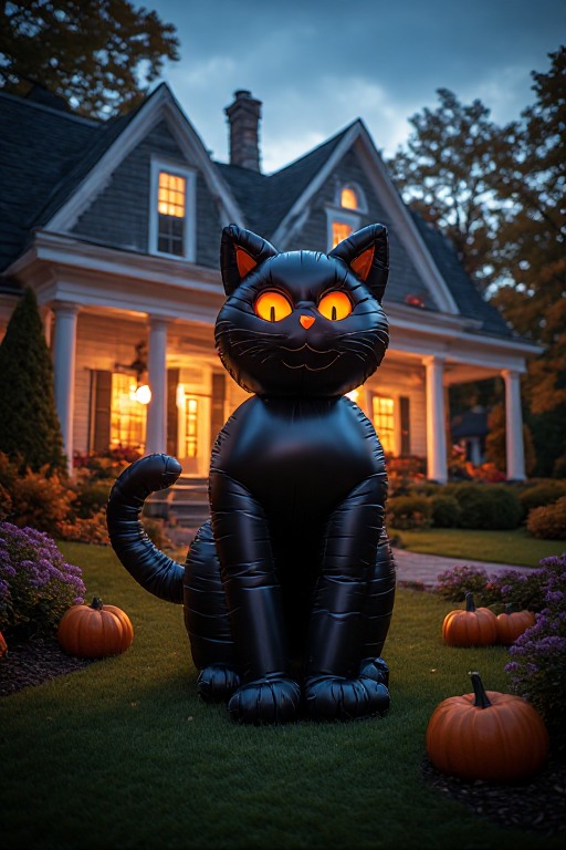 A towering illuminated black Halloween cat inflatable beside a house