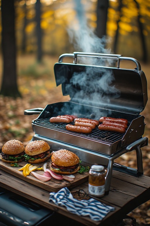 Portable tailgating grill with bratwurst and autumn leaves