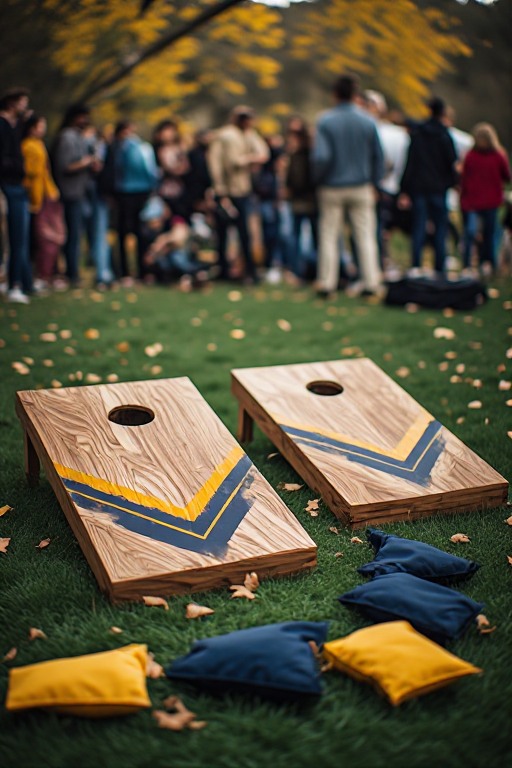 Wooden cornhole boards set up for a baseball tailgate on autumn grass