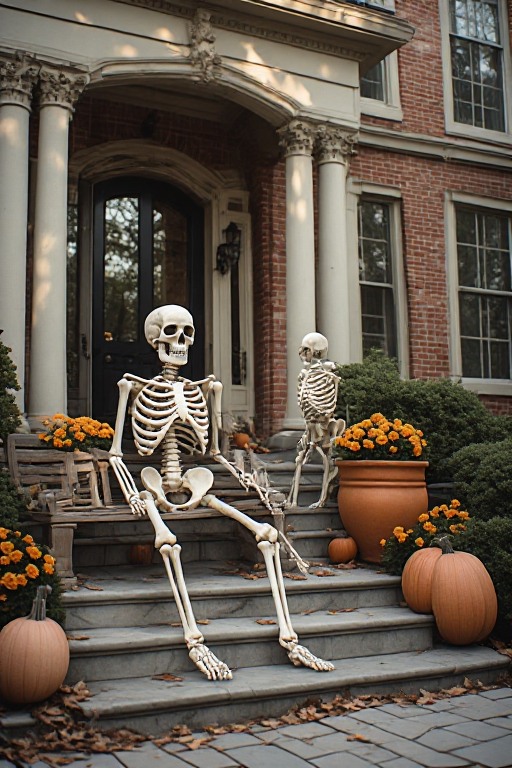 Skeleton seated near the steps of an autumn-decorated home