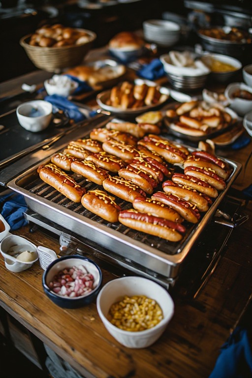 Fresh grilled bratwurst arranged for a baseball watch party