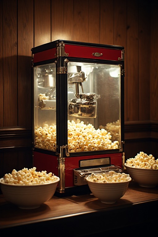 Vintage countertop popcorn machine glowing in a home game room
