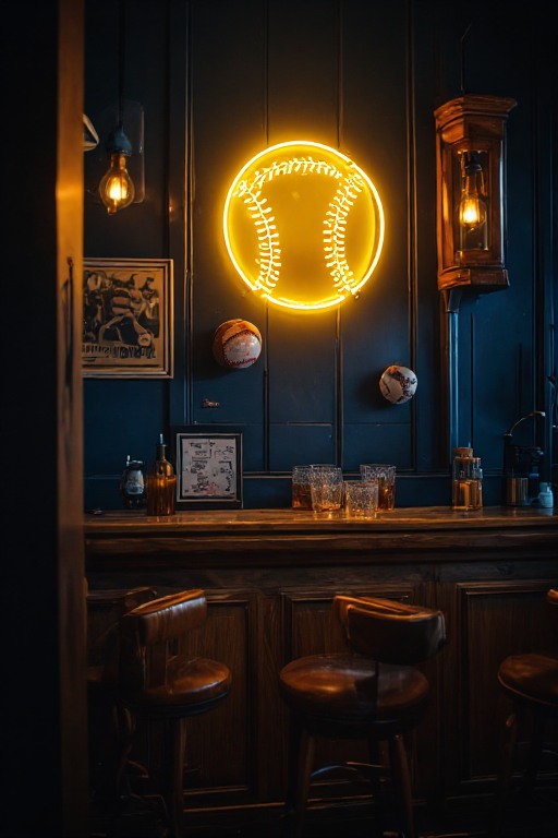 Gold baseball-themed neon sign glowing in a dark navy home bar