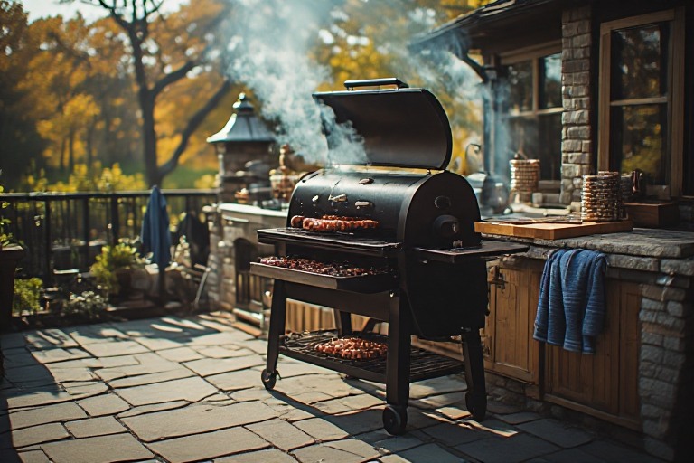 Outdoor pellet grill smoker cooking food on a rustic fall patio surrounded by autumn foliage