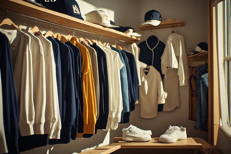 Baseball-inspired navy, gold and cream sweaters and jackets on a clothing rail