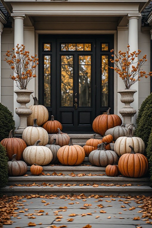 Elegant front porch with stacked sculptural pumpkins in cream, taupe and orange