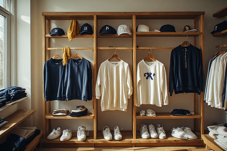 Cream jerseys, navy jackets and caps displayed on a warm wooden clothes rail
