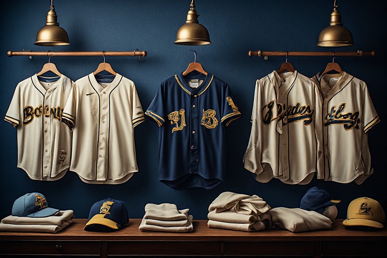 Cream and navy baseball jerseys hanging in an organized wardrobe