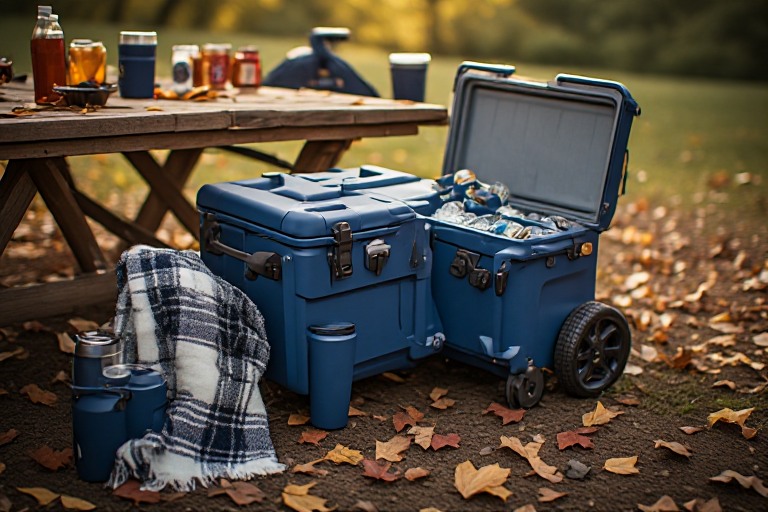 Large wheeled blue tailgating cooler packed with beverages beside an autumn picnic blanket