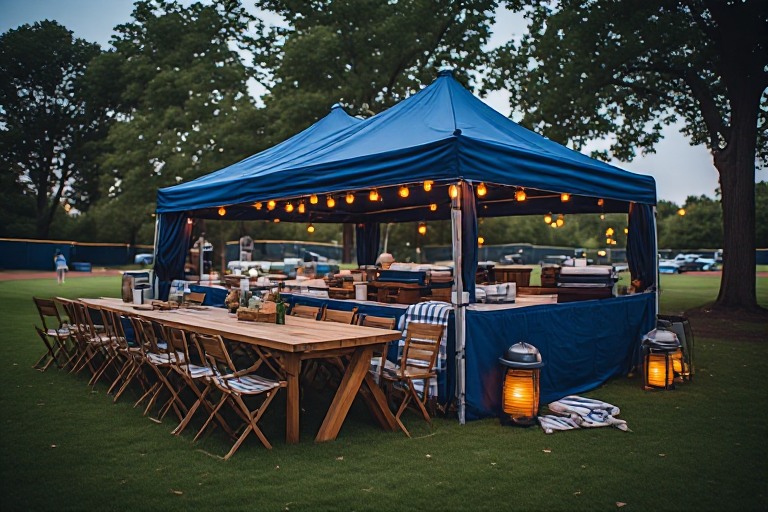 Navy blue tailgating canopy with string lights and picnic tables at dusk