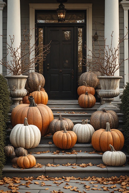 Close view of autumn pumpkin sculptures decorating broad stone steps