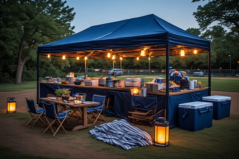 Navy canopy and relaxed outdoor tailgating lounge beneath autumn trees
