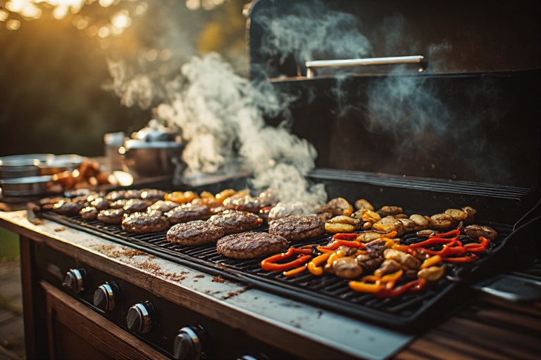 Smoke rises over a premium outdoor grill cooking for a fall tailgate