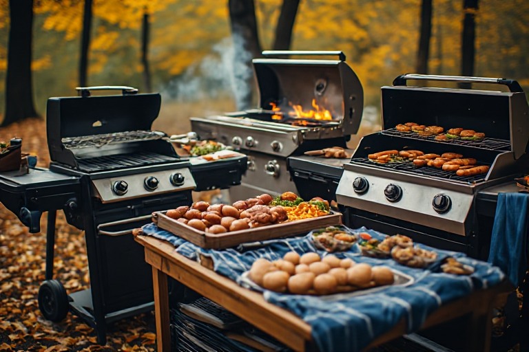 Large outdoor flat-top griddle covered with game-day food