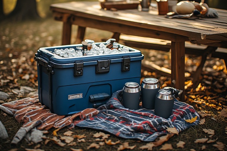 Blue hard-sided cooler and chilled drinks on a walnut picnic table