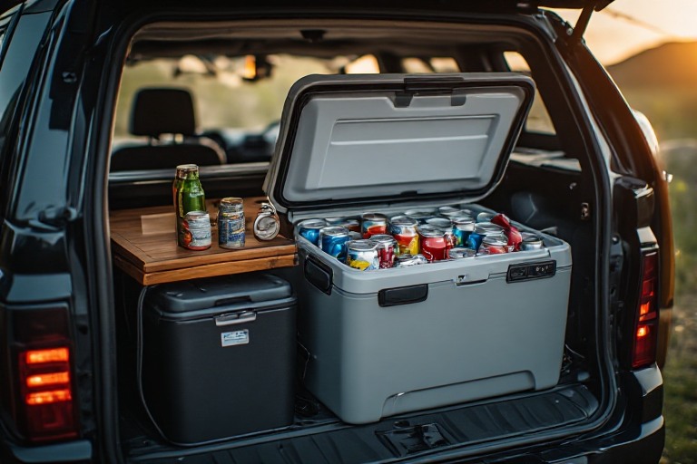 Premium cooler with canned drinks surrounded by fall tailgating gear