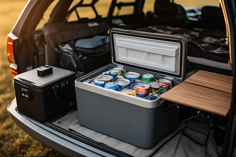 Open portable electric refrigerator packed with cold drinks inside a vehicle tailgate