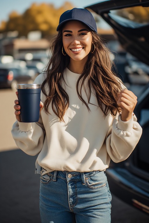 Woman in a cream top holding a tumbler on a crisp game day