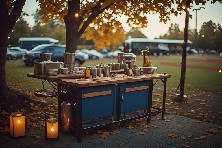 Game-day serving station and picnic table with an autumn field behind