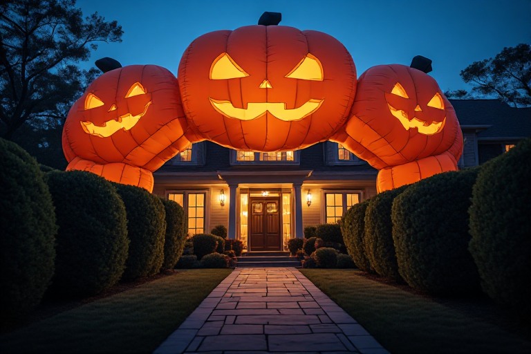 Huge glowing jack-o'-lantern inflatable arch towering over a home entrance