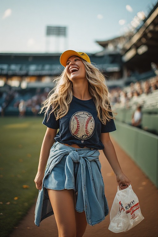 Woman dressed for baseball in a casual graphic tee and baseball cap