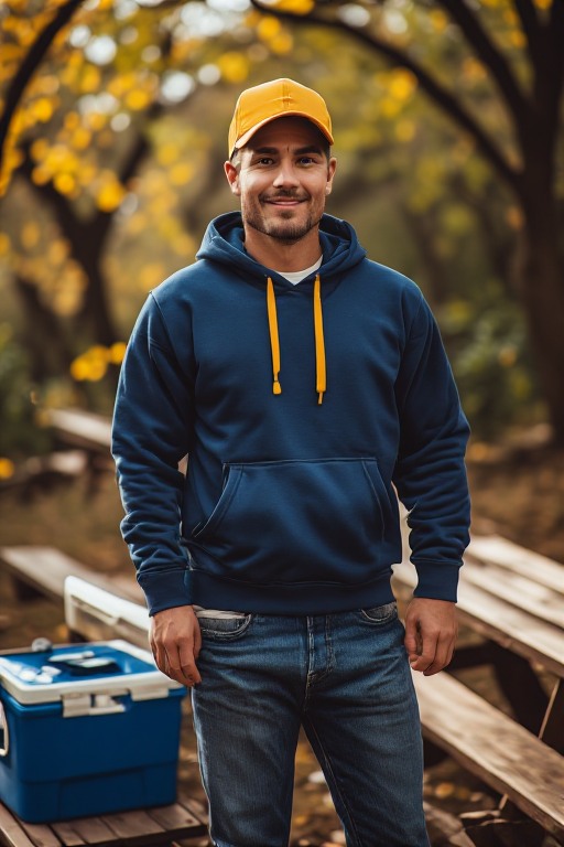 Man in a navy hooded sweatshirt outside among golden autumn leaves