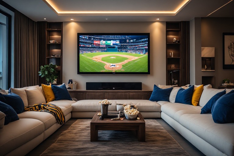 Beautiful home baseball viewing room with large television, cream seating, warm light, and navy accents