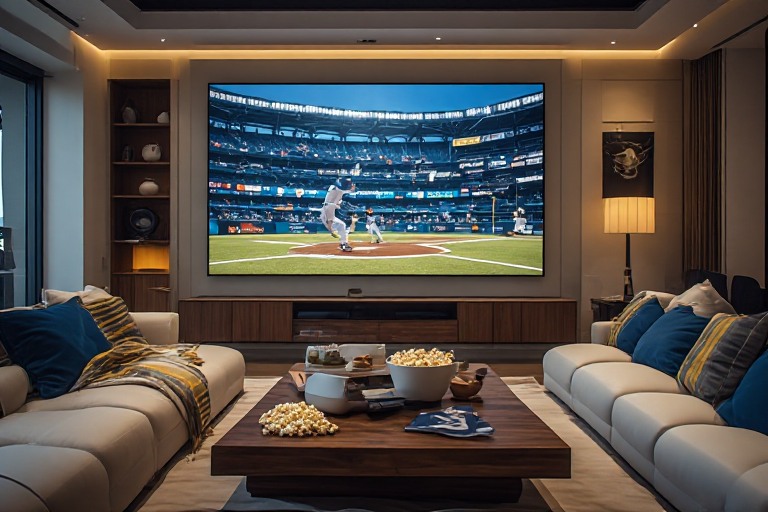 Premium living room home theater with a baseball game on a large television