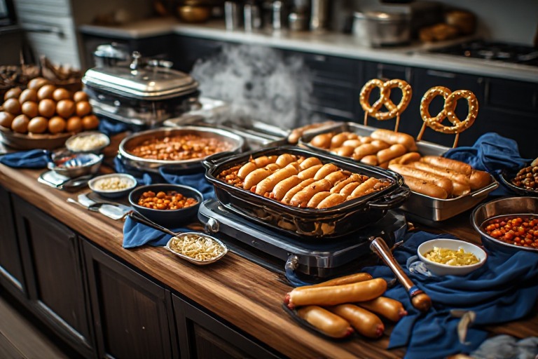 Elegant baseball watch-party serving station with hot dogs, snacks, and countertop food equipment
