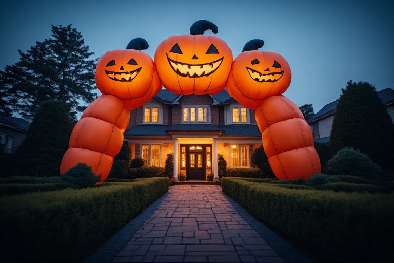 Grand house framed by enormous illuminated pumpkin inflatable figures at twilight